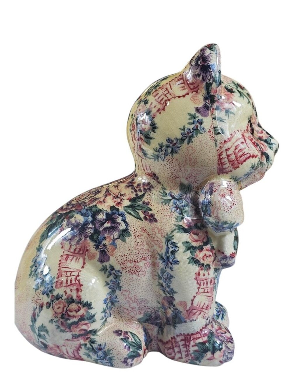 Decoupage Glazed Kitty Cat Ceramic Figurine Country Floral Fabric 7x6" Vintage - Picture 2 of 7